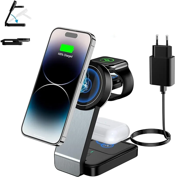 Zložljiva induktivna polnilna postaja 3 v 1, magSafe zadnjikos 1 3-v-1 Brezžični Polnilec Magsafe za iPhone, Apple Watch in AirPods - slika 1