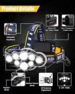 Hyted Naglavna svetilka 18000 lum, 8 LED, USB, vodoodporna - slika 2