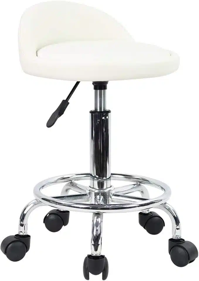 51sbXfHE-UL._AC_SX679_ KKTONER Rolling Stool, okrogel delovni stol, nastavljiva višina, 48 - 63 cm, iz umetnega usnja, bela - slika 1