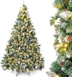 YORBAY umetno božično drevo z LED-osvetlitvijo, snegom in borovimi storži - 180 cm