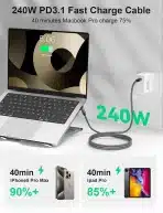 XAOSUN USB-C kabel 0,5 m – 240 W hitro polnjenje - slika 6