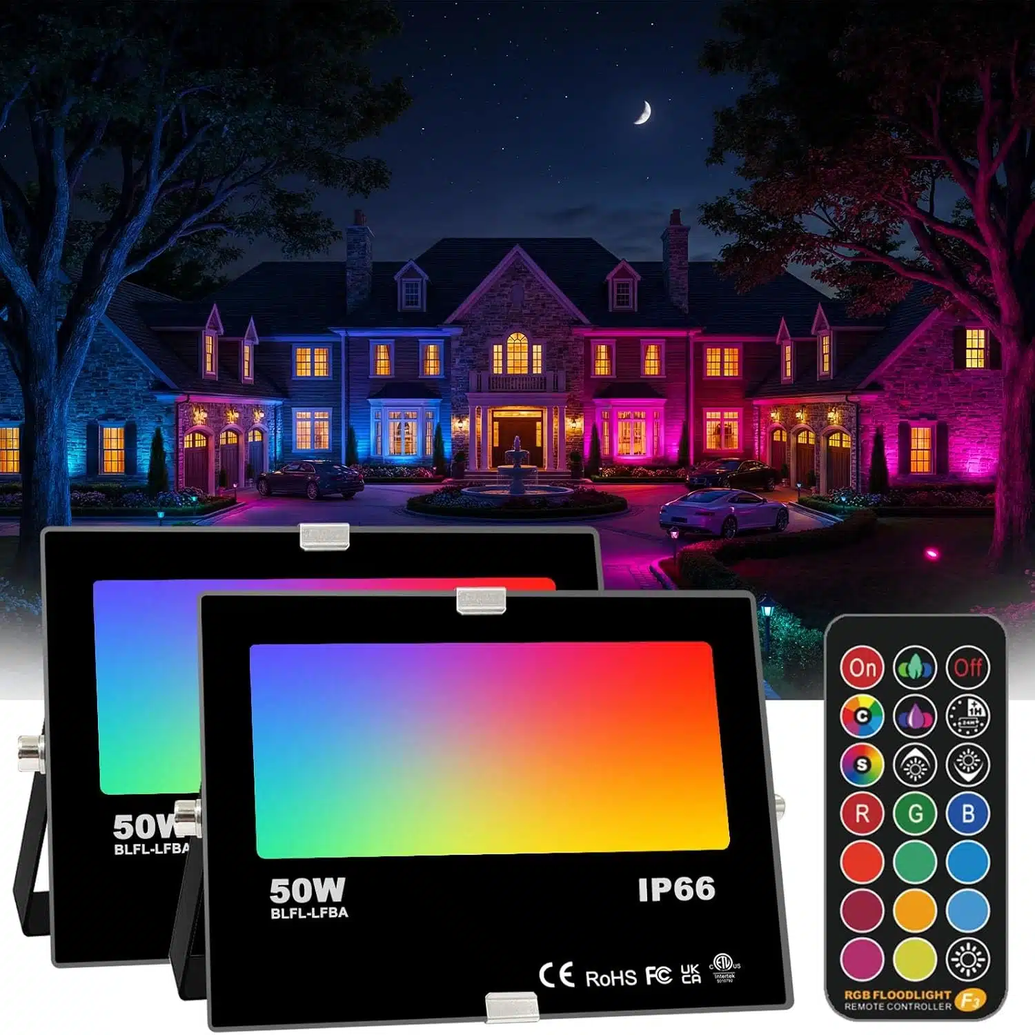 81JmDcU8-bL._AC_SL1500 2x HEKEE zunanji LED RGB reflektor 50W z daljincem - slika 1