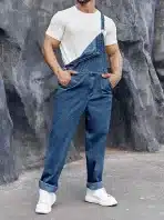 Runcati Moške Denim Hlače z Naramnicami – Temno Modre, L - slika 3